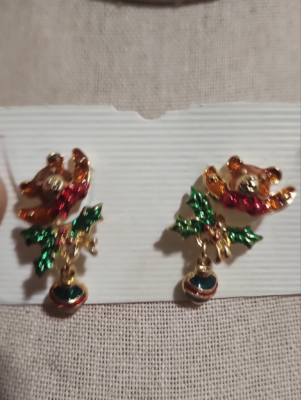 Vintage Christmas Teddy Bear & Ornament Dangle Earrings Gold Tone - Picture 6 of 6